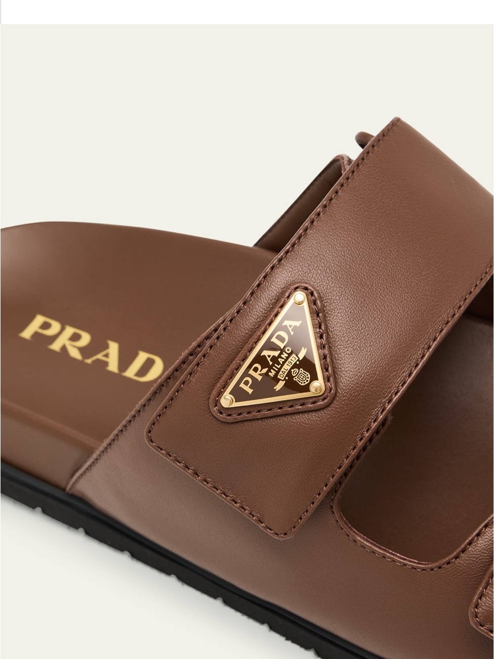 Women’s Luxury Prada Brown Leather Dual-Strap Slide Sandal with Gold Logo - Picture 2 of 14